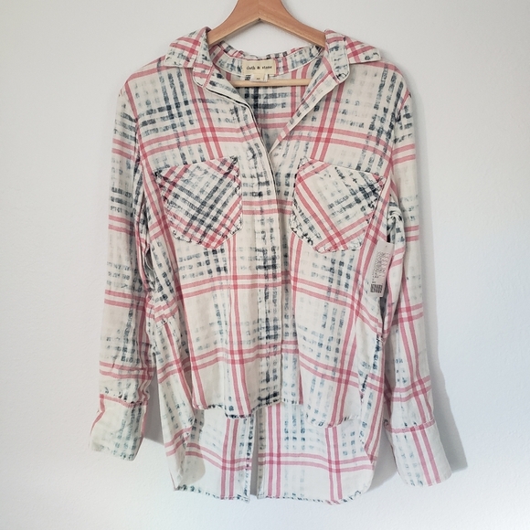 NWT Cloth & Stone Anthropologie Women's Pink Blue Plaid Button Down Shirt - Picture 1 of 7
